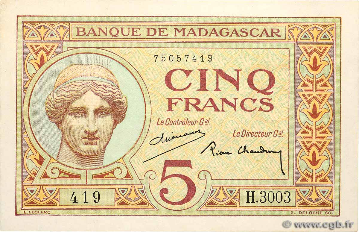5 Francs MADAGASCAR  1937 P.035 UNC-