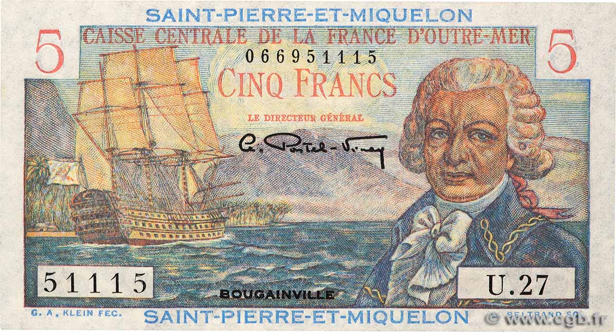 5 Francs Bougainville Numéro radar SAINT-PIERRE UND MIQUELON  1946 P.22 fST+