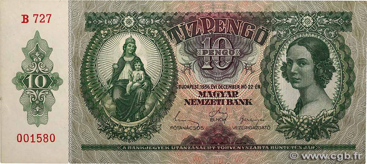 10 Pengö UNGARN  1936 P.100 fST+