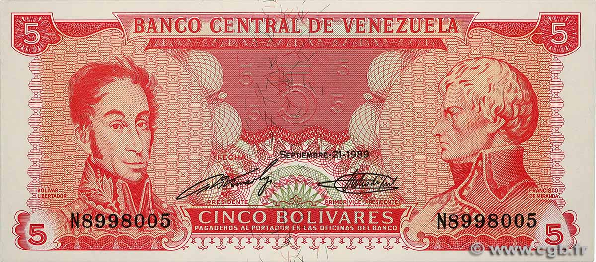 5 Bolivares VENEZUELA  1989 P.070a UNC-