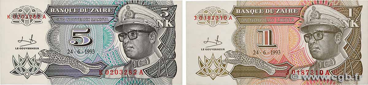 1 et 5 Nouveaux Makuta Lot ZAÏRE  1993 P.47 et P.48 NEUF