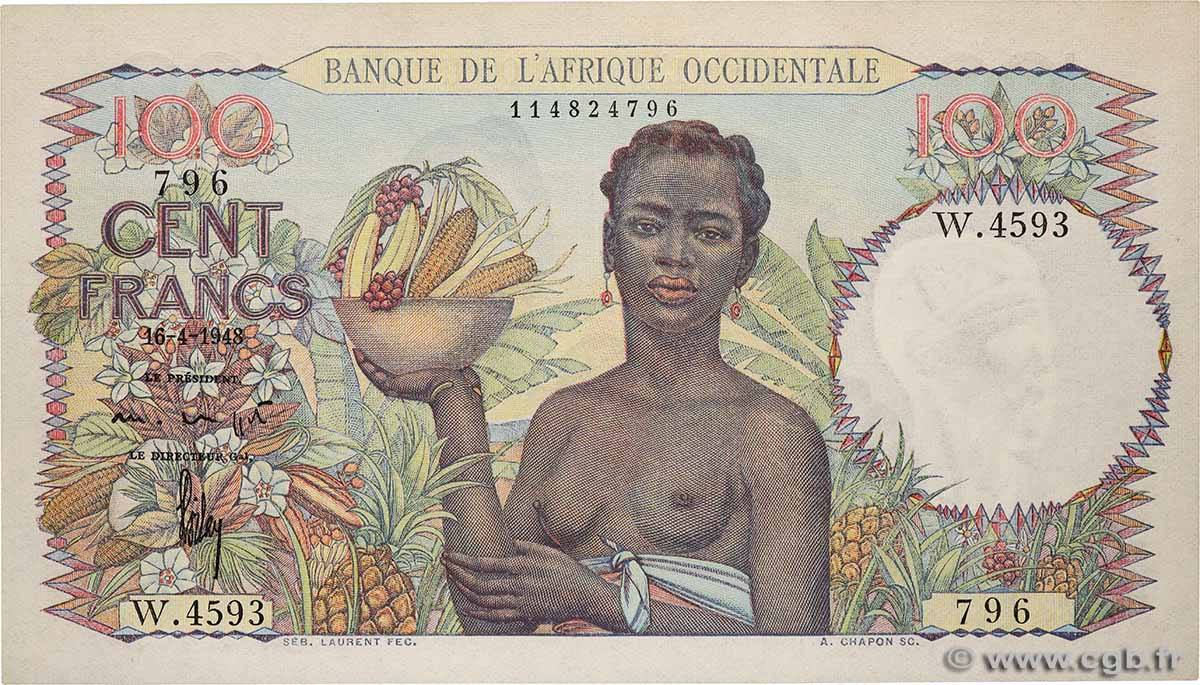100 Francs FRENCH WEST AFRICA  1948 P.40 AU