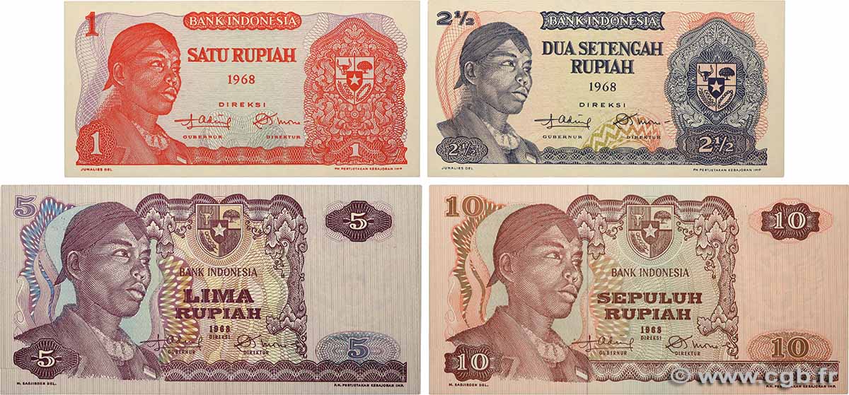 1 au 10 Rupiah Lot INDONESIA  1968 P.102 au P. 105 UNC-