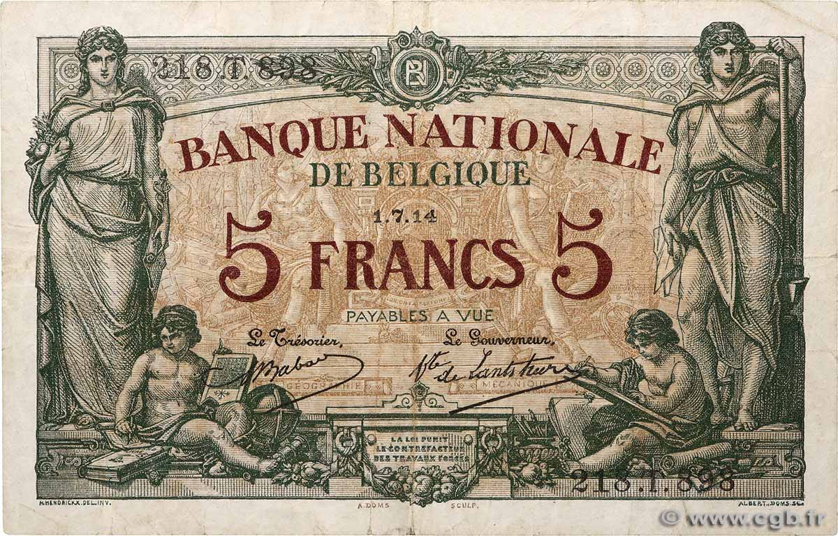 5 Francs BELGIUM  1914 P.075a F+