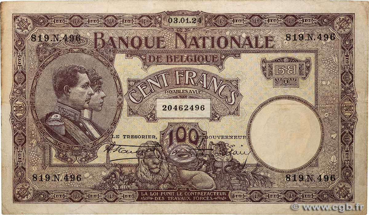 100 Francs BELGIQUE  1924 P.095 TB+