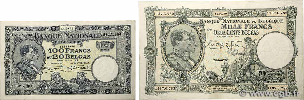 100 Francs - 20 belgas et 1000 Francs - 200 Belgas Lot BELGIQUE  1929 P.102 et P.104 TTB