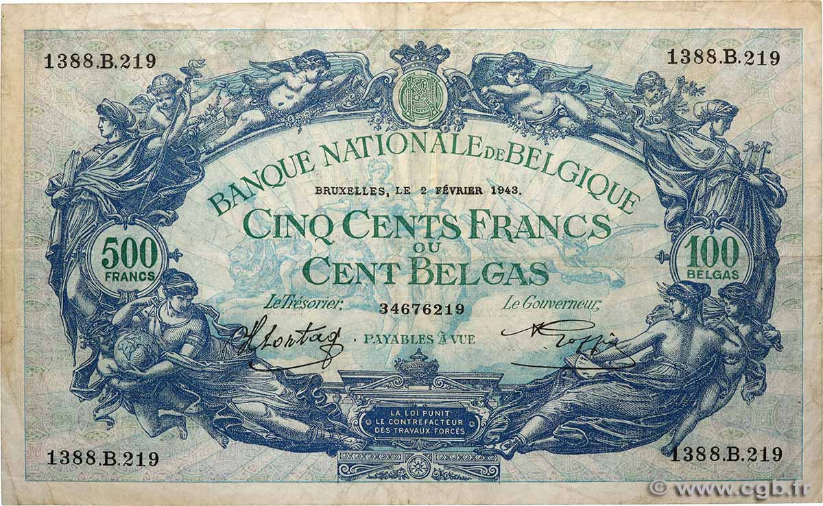 500 Francs - 100 Belgas BELGIQUE  1943 P.109 TB+