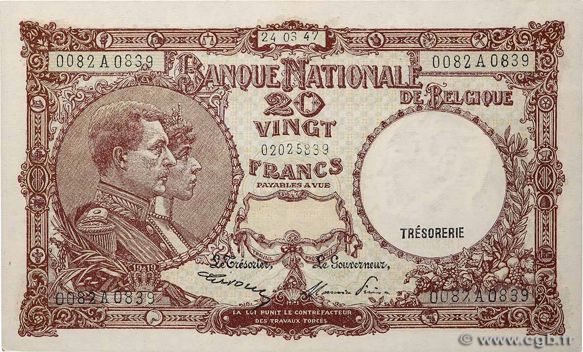 20 Francs BELGIQUE  1947 P.111 SPL