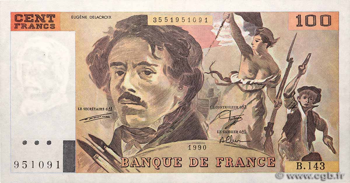 100 Francs DELACROIX imprimé en continu FRANCE  1990 F.69bis.01bB XF