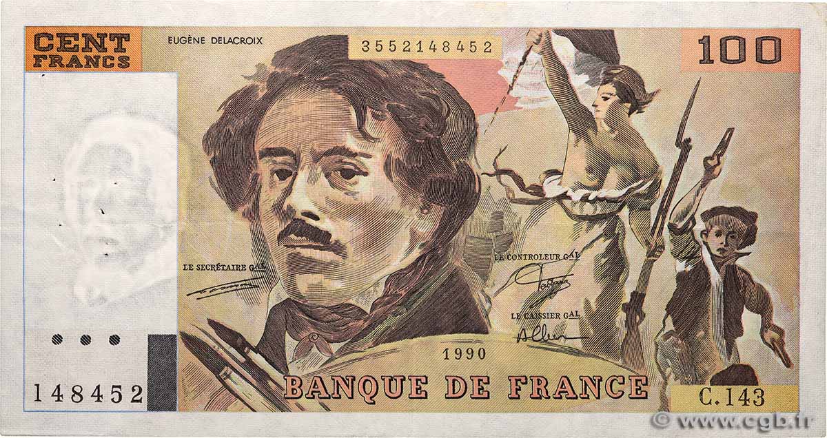 100 Francs DELACROIX imprimé en continu FRANKREICH  1990 F.69bis.01bC fVZ