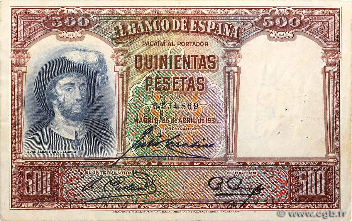 500 Pesetas ESPAGNE  1931 P.084 TTB