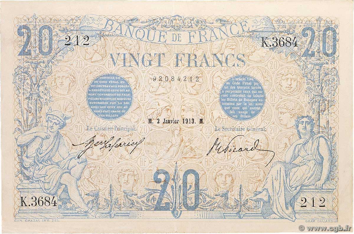 20 Francs BLEU FRANCIA  1913 F.10.03 q.BB