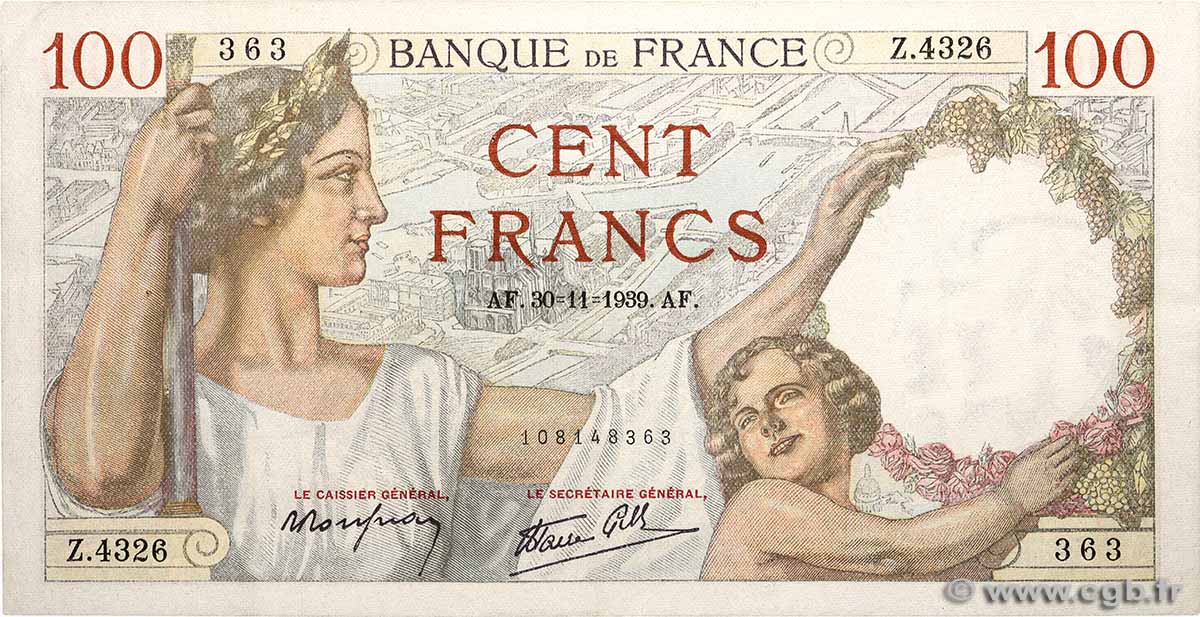 100 Francs SULLY FRANCIA  1939 F.26.16 EBC