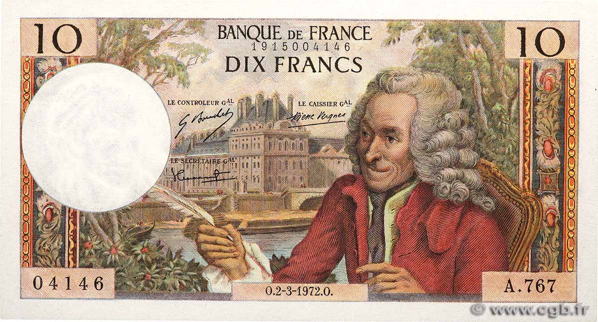 10 Francs VOLTAIRE FRANCE  1972 F.62.55 UNC-