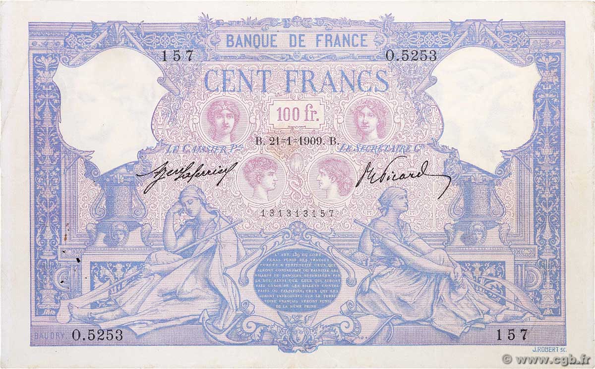 100 Francs BLEU ET ROSE FRANCE  1909 F.21.24 VF