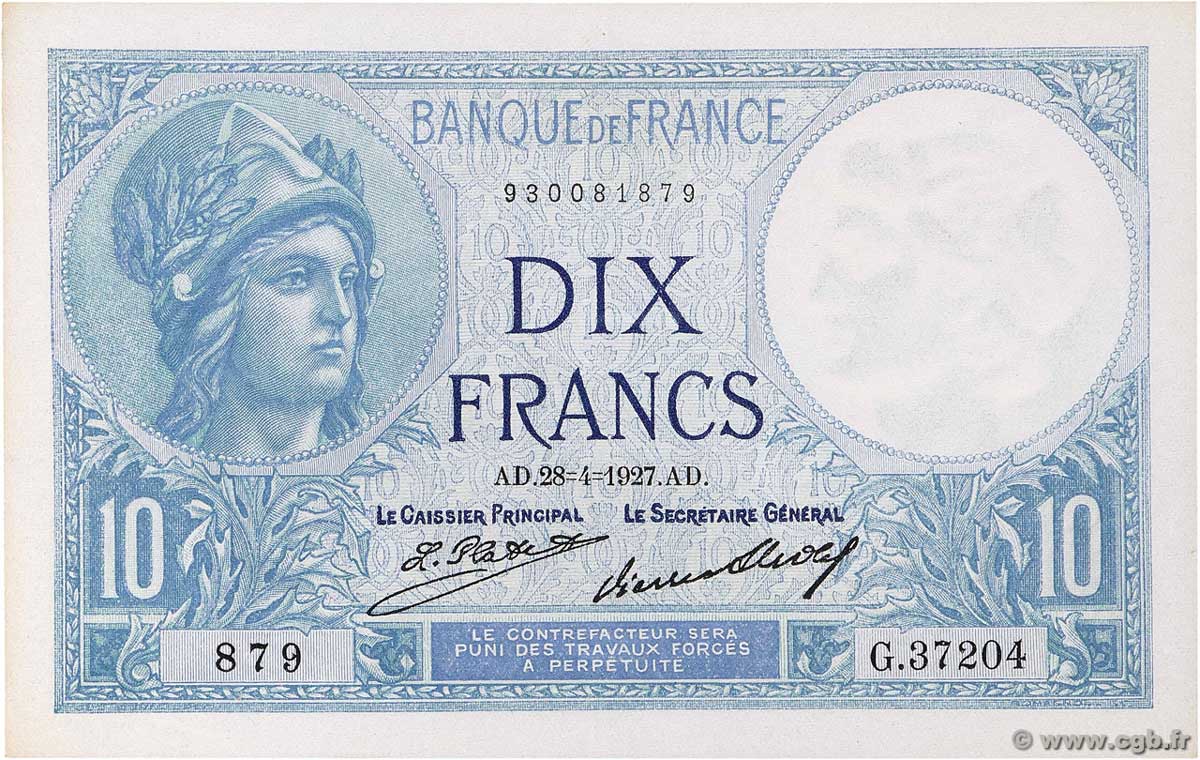 10 Francs MINERVE FRANCIA  1927 F.06.12 AU