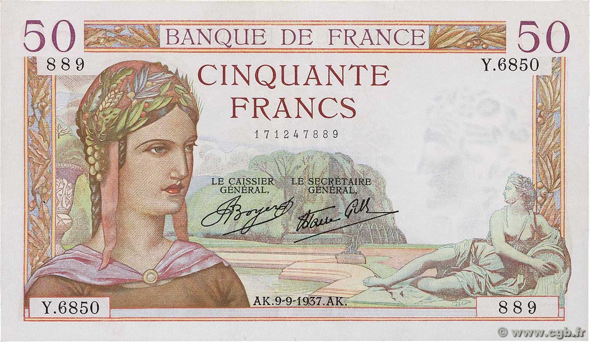 50 Francs CÉRÈS modifié FRANCIA  1937 F.18.03 q.SPL