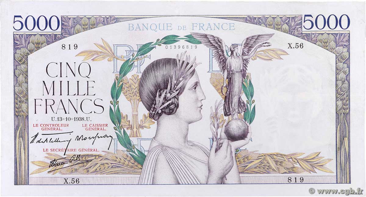 5000 Francs VICTOIRE modifié, taille douce FRANCE  1938 F.45.01 VF+