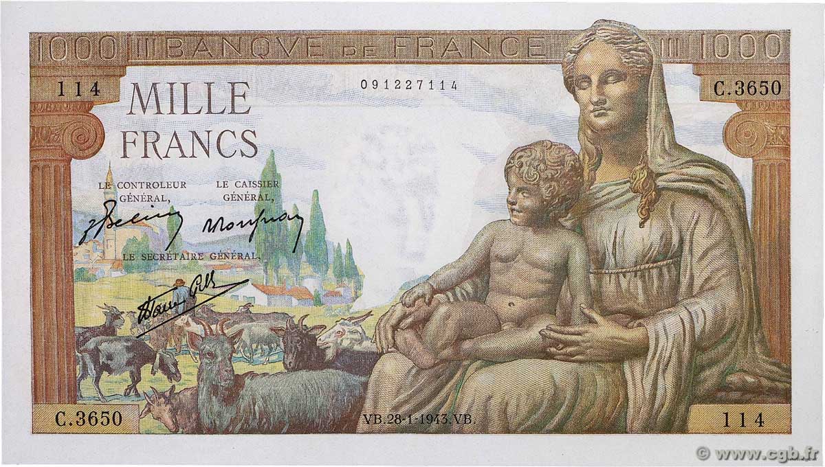 1000 Francs DÉESSE DÉMÉTER FRANCE  1943 F.40.17 UNC