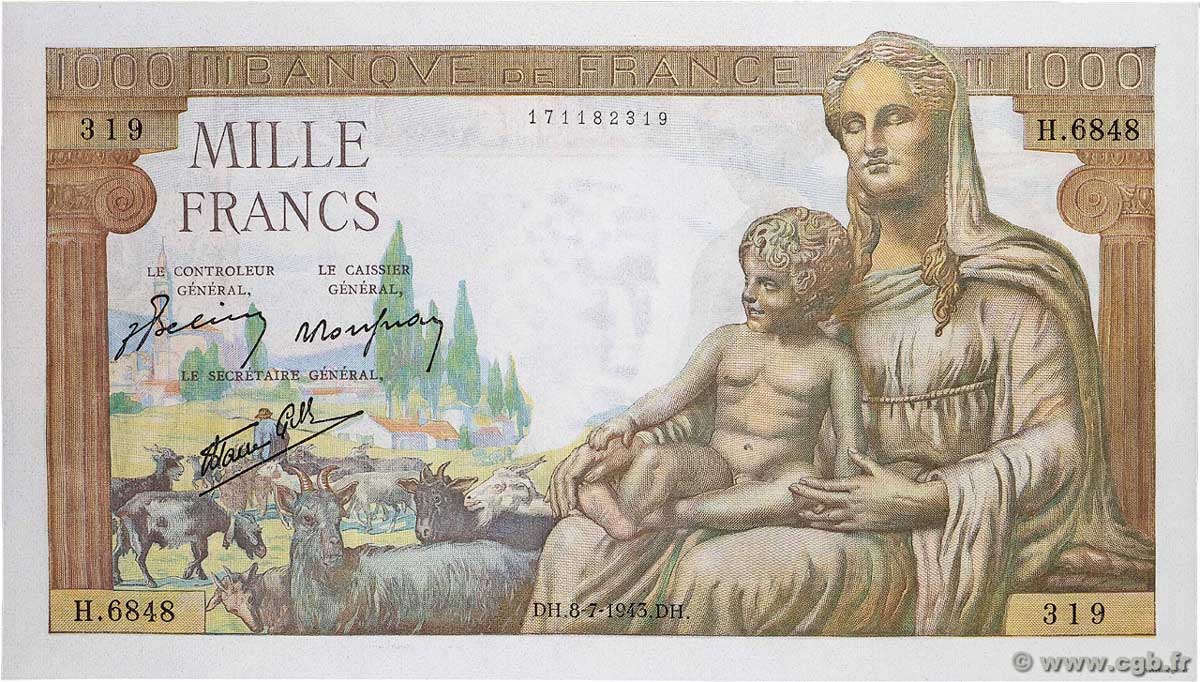 1000 Francs DÉESSE DÉMÉTER FRANCE  1943 F.40.29 UNC