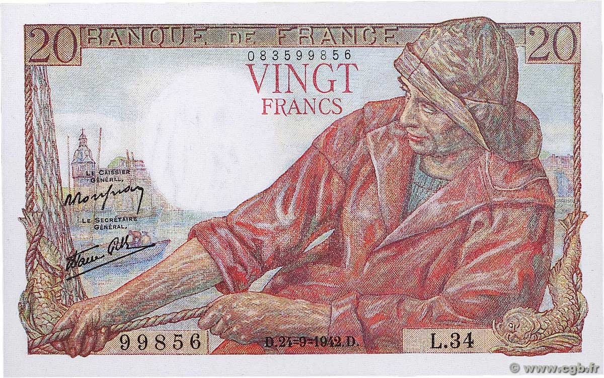 20 Francs PÊCHEUR FRANCE  1942 F.13.03 UNC-