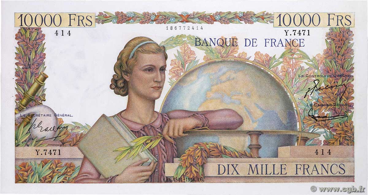 10000 Francs GÉNIE FRANÇAIS FRANCIA  1954 F.50.72 q.AU