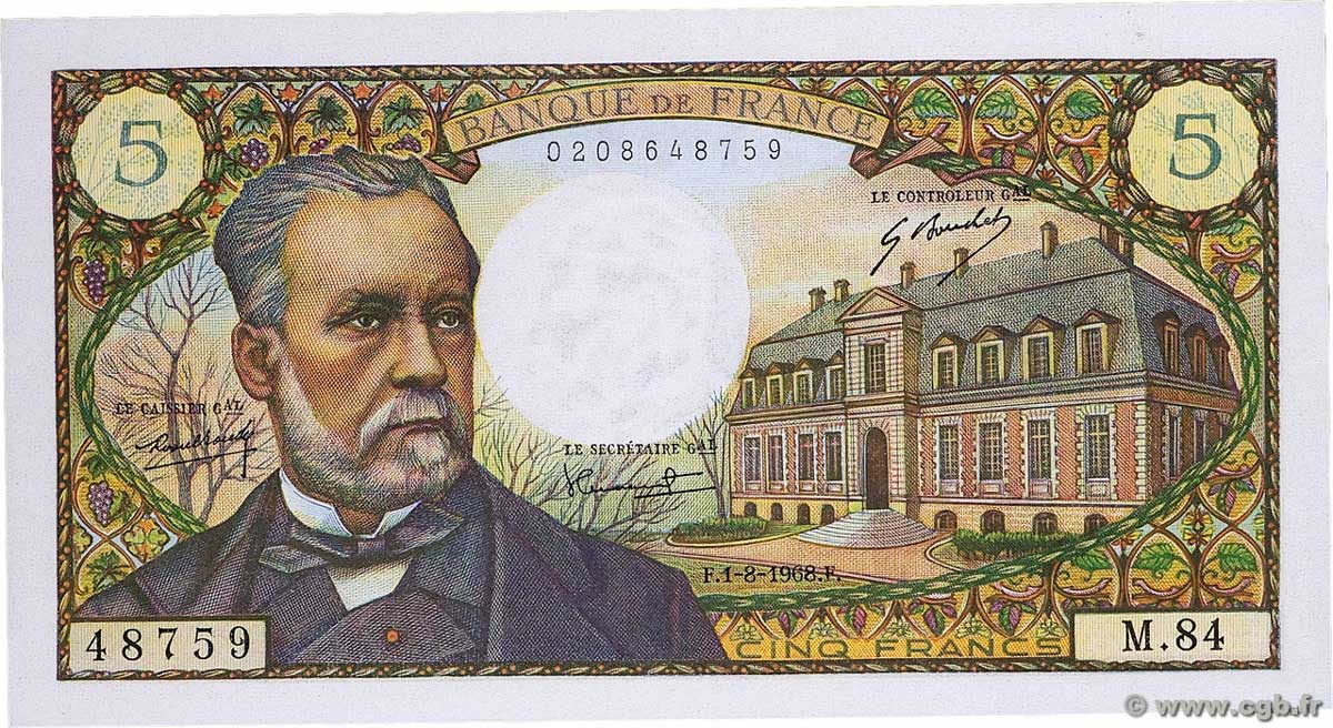 5 Francs PASTEUR FRANCIA  1968 F.61.08 AU
