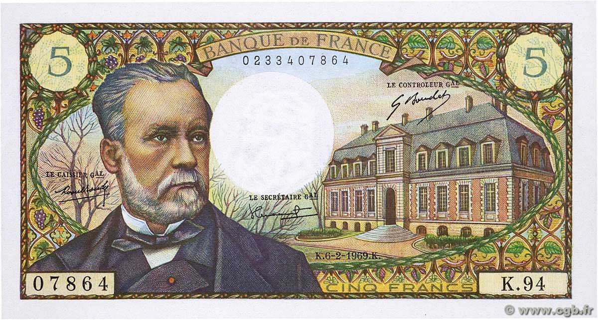 5 Francs PASTEUR FRANCE  1969 F.61.09 XF+