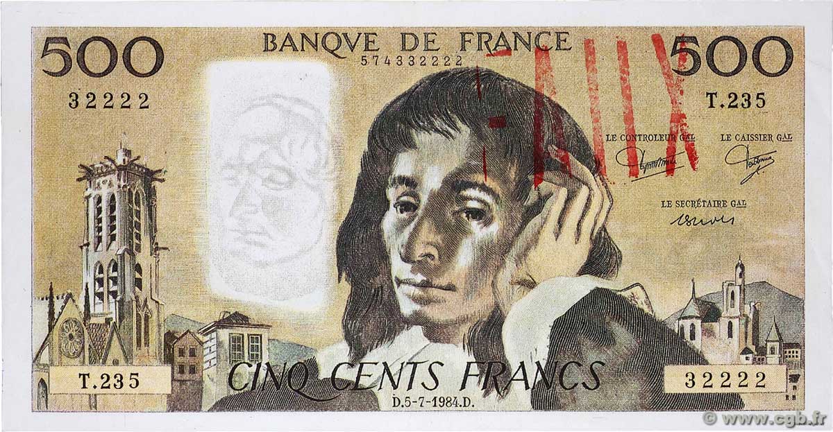 500 Francs PASCAL Faux FRANCE  1984 F.71.31x XF