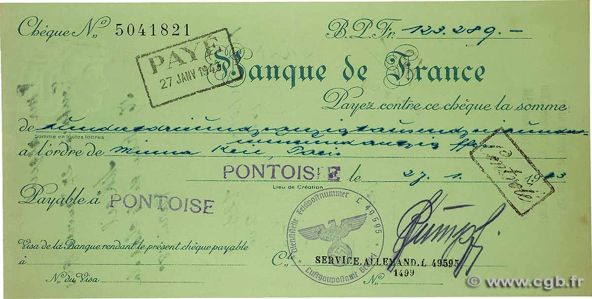 123280 Francs FRANCE regionalism and miscellaneous Pontoise 1943 Doc.Cheque AU