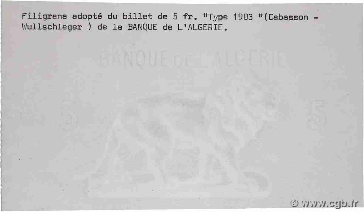 Papier avec Filigrane 5 Francs  type 1903 bleu, Adopté Épreuve ALGERIA  1903 P.071- FDC