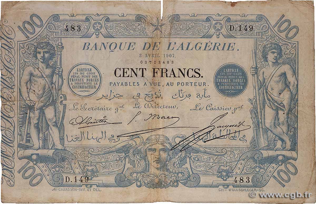 100 Francs ALGERIA  1907 P.074 q.MB