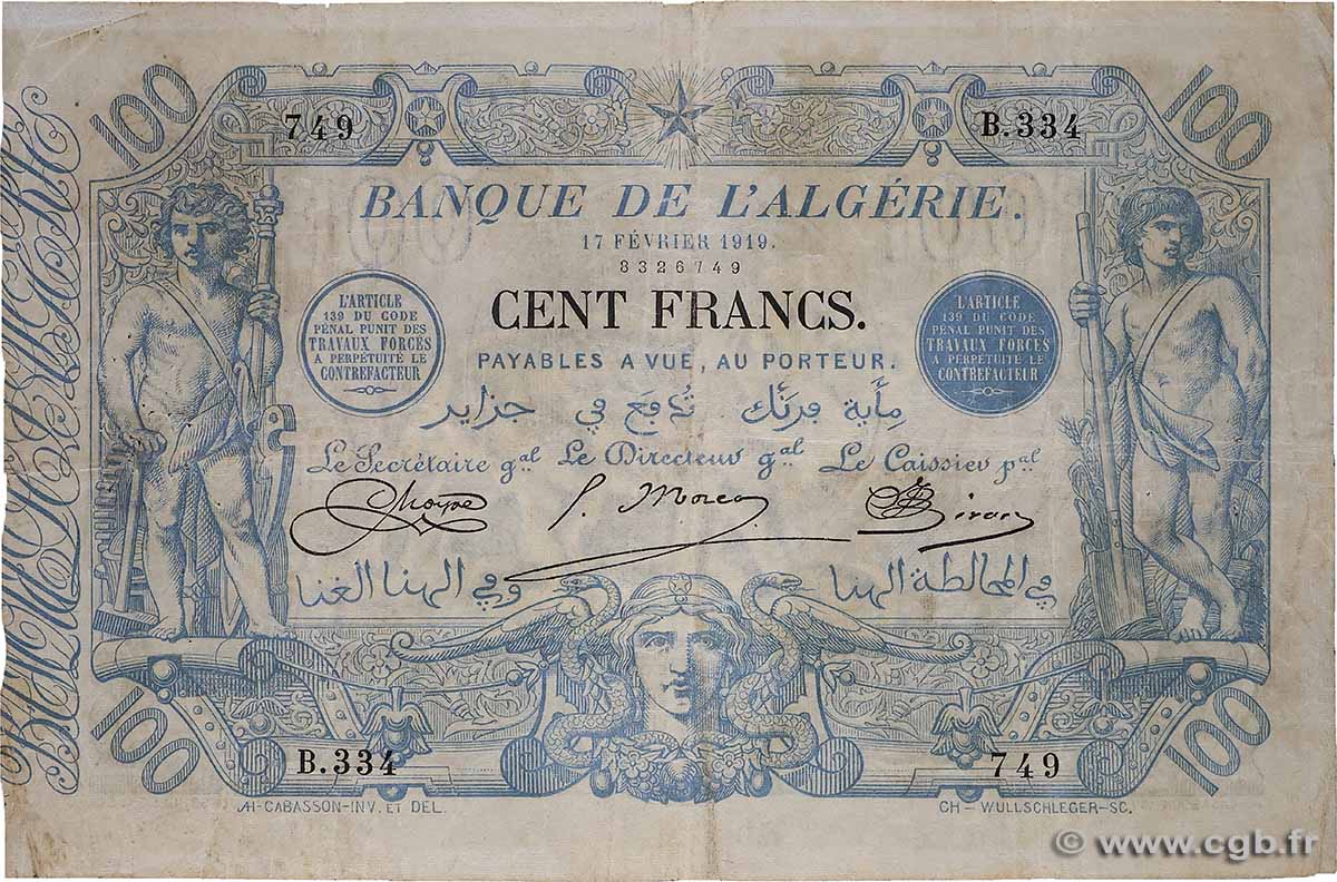 100 Francs ALGERIA  1919 P.074 q.BB