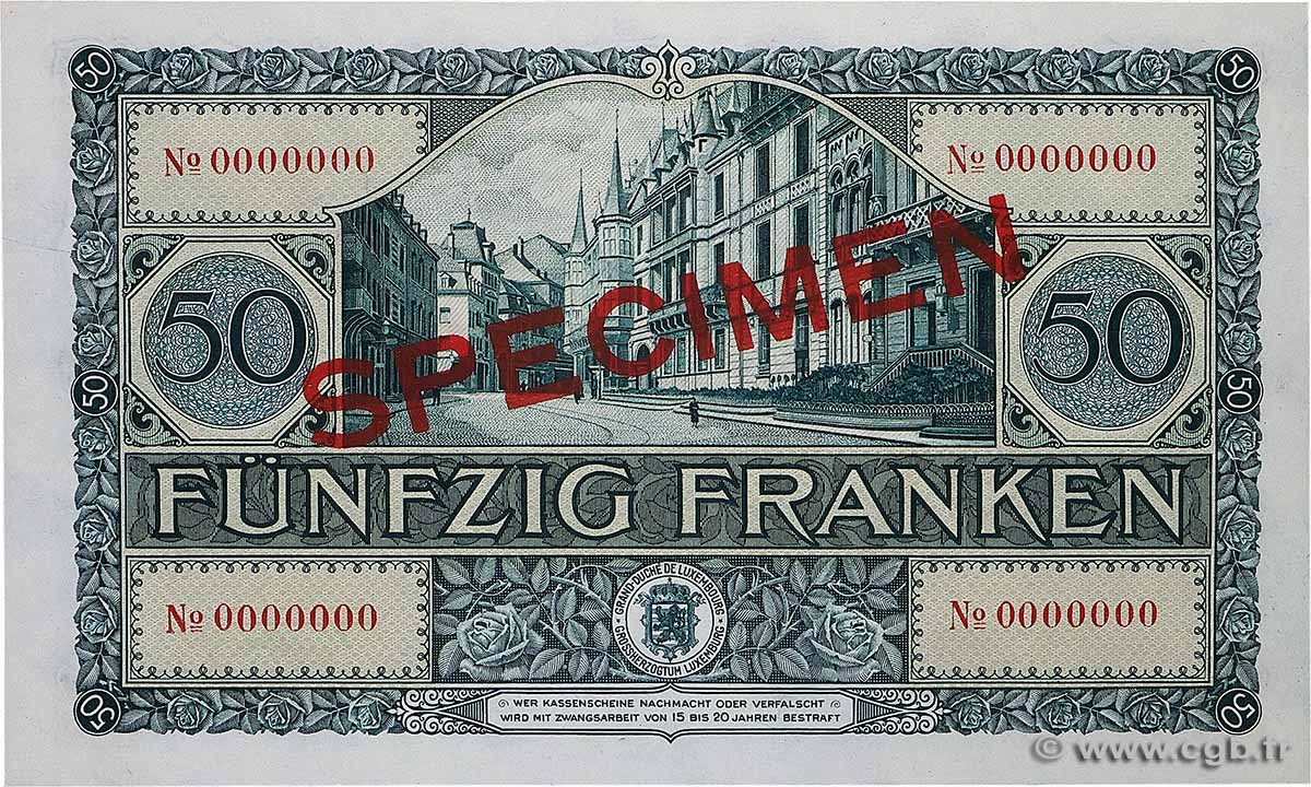 50 Francs Spécimen LUSSEMBURGO  1932 P.38s FDC
