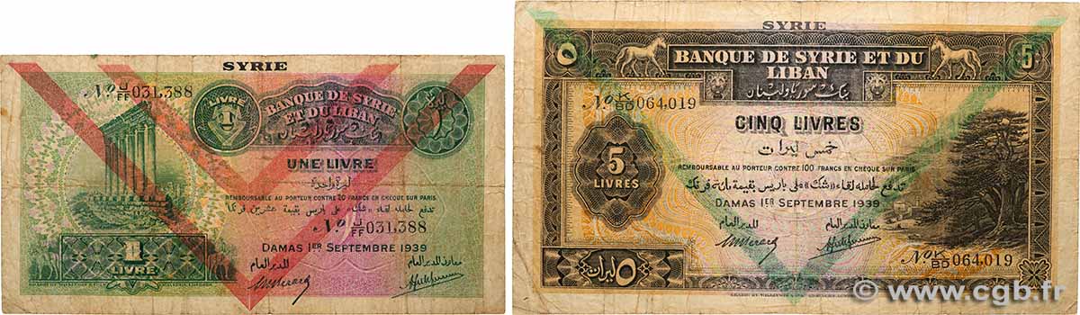 1 et 5 Livres Lot SYRIE  1939 P.040e et P.041d B+