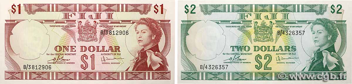 1 et 2 Dollars Lot FIDJI  1974 P.071b et P.072c pr.NEUF