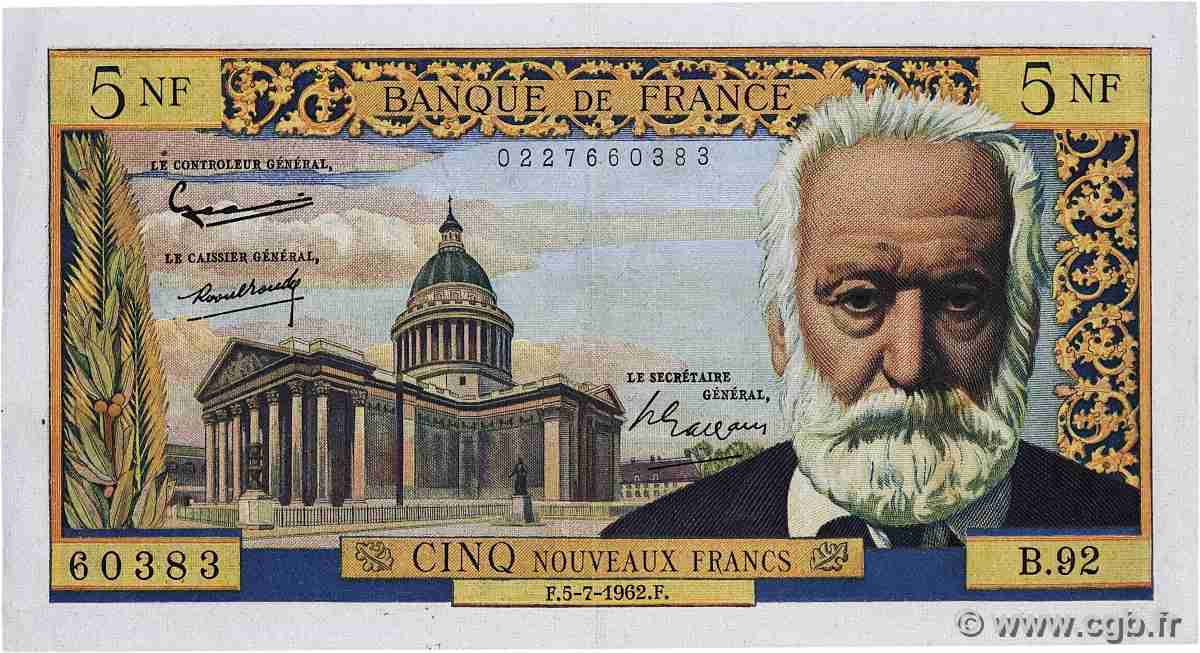 5 Nouveaux Francs VICTOR HUGO FRANCE  1962 F.56.12 XF-