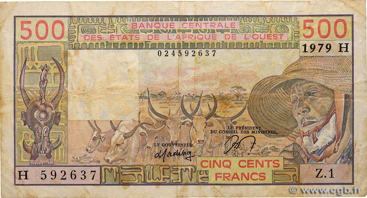 500 Francs ÉTATS DE L&nbsp;AFRIQUE DE L&nbsp;OUEST  1979 P.605Ha TB+