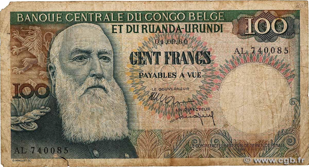 100 Francs CONGO BELGE  1960 P.33c B