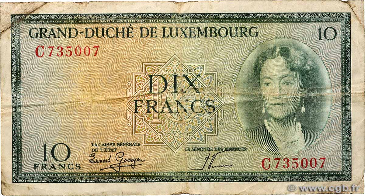 10 Francs LUXEMBOURG  1954 P.48a TB