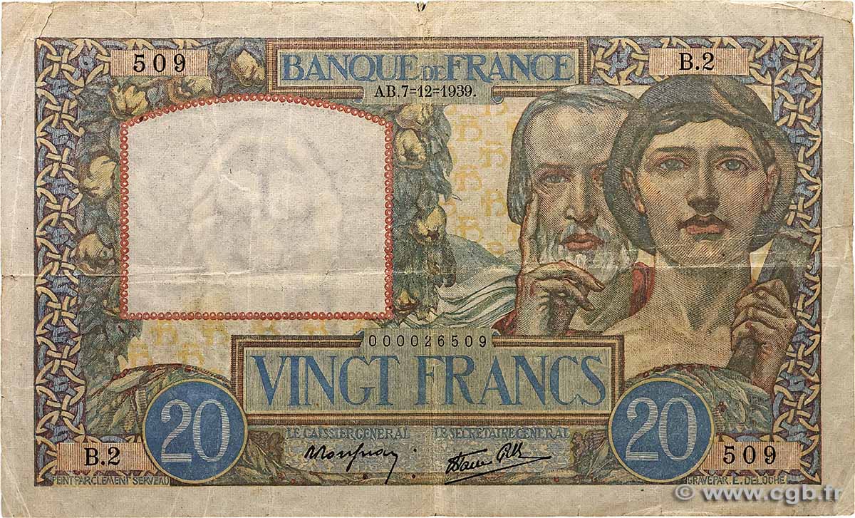 20 Francs TRAVAIL ET SCIENCE Petit numéro FRANCE  1939 F.12.01 TB+