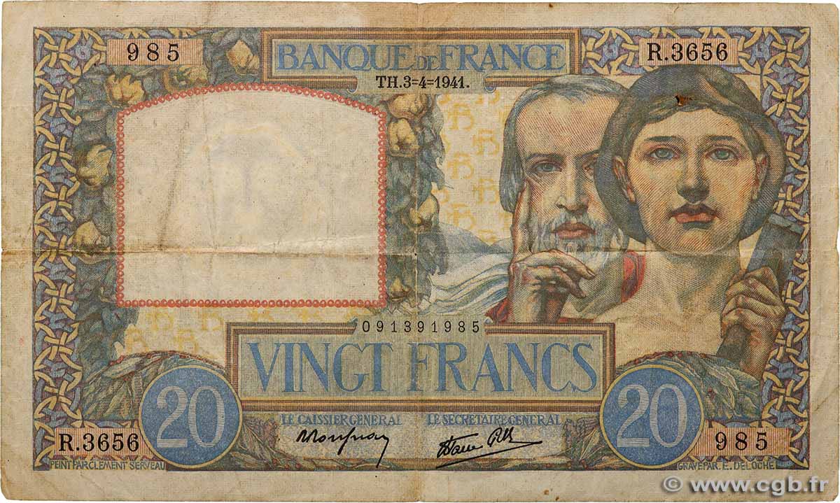 20 Francs TRAVAIL ET SCIENCE FRANCE  1941 F.12.13 TB