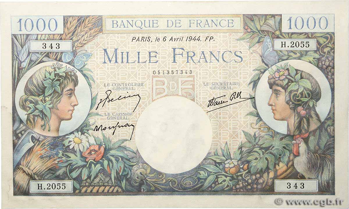 1000 Francs COMMERCE ET INDUSTRIE FRANCE  1944 F.39.05 SPL+
