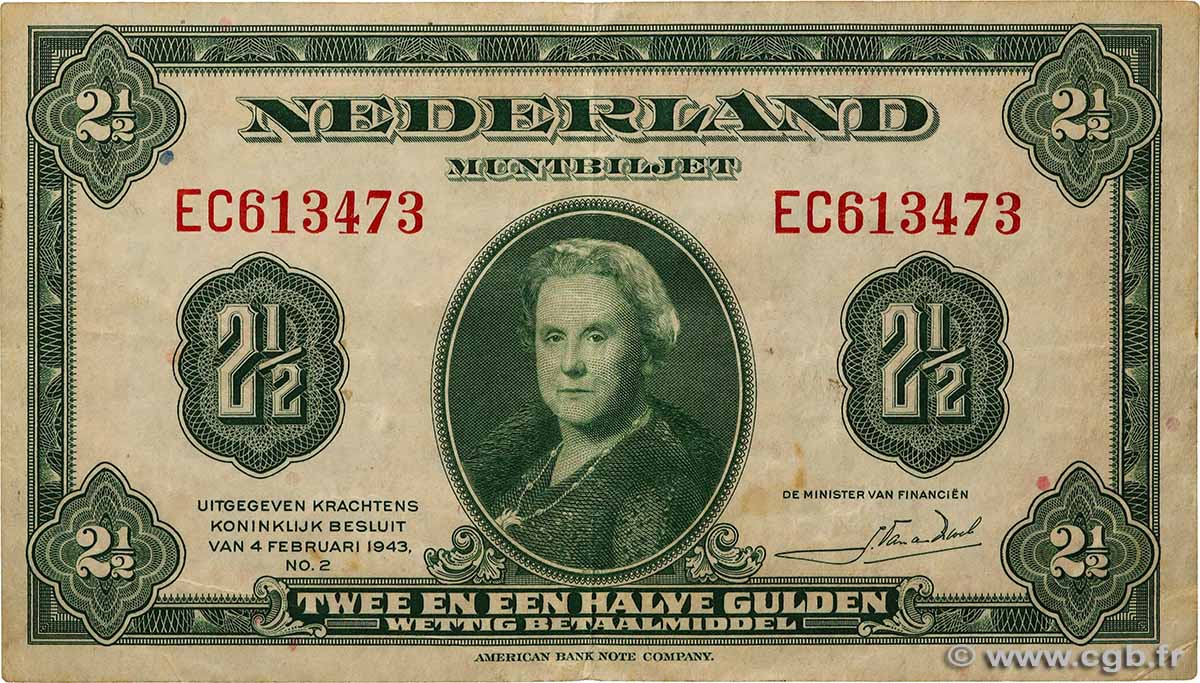 2,5 Gulden PAYS-BAS  1943 P.065a TTB