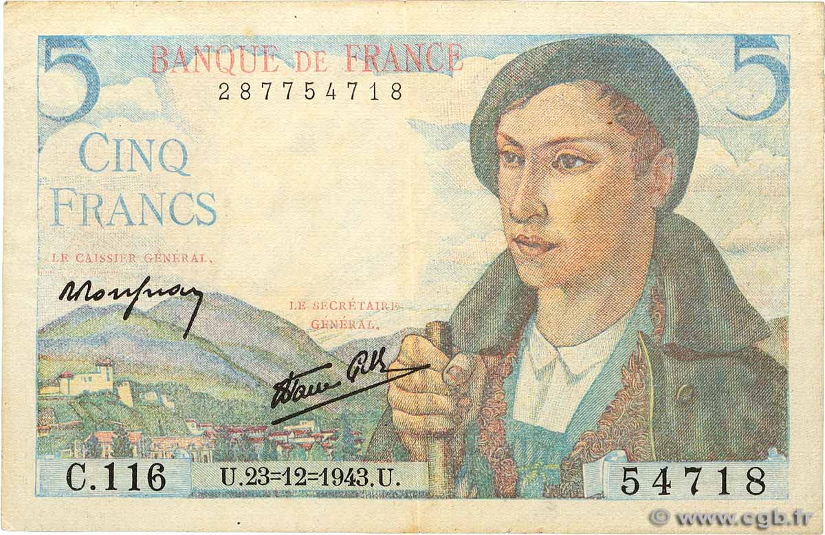 5 Francs BERGER FRANCE  1943 F.05.05 VF
