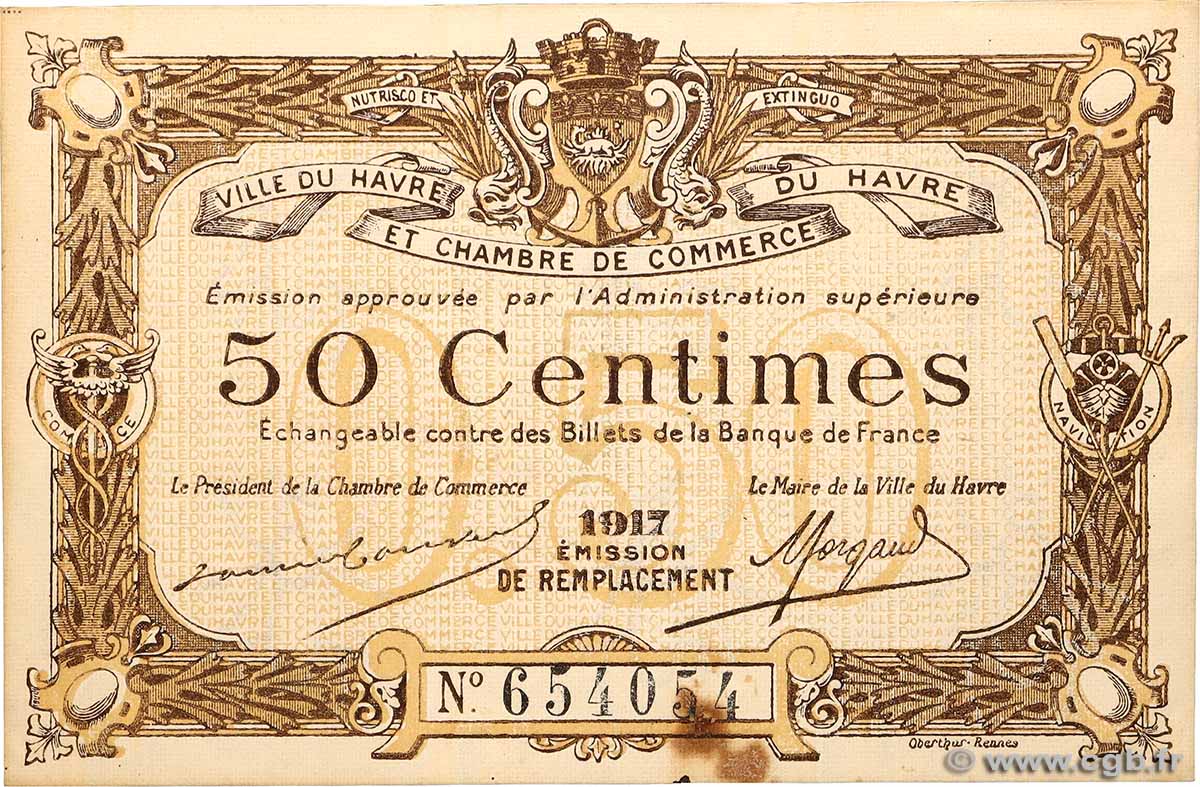 50 Centimes FRANCE regionalism and miscellaneous Le Havre 1917 JP.068.17 XF+