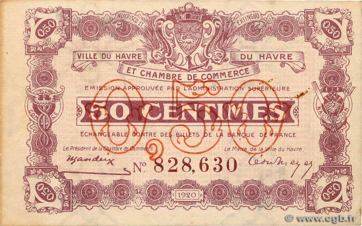 50 Centimes FRANCE regionalism and miscellaneous Le Havre 1920 JP.068.26 XF+