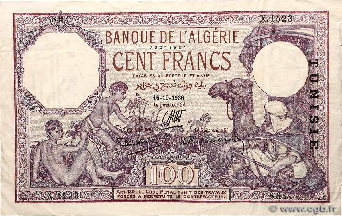 100 Francs TUNISIE  1936 P.10c TB+