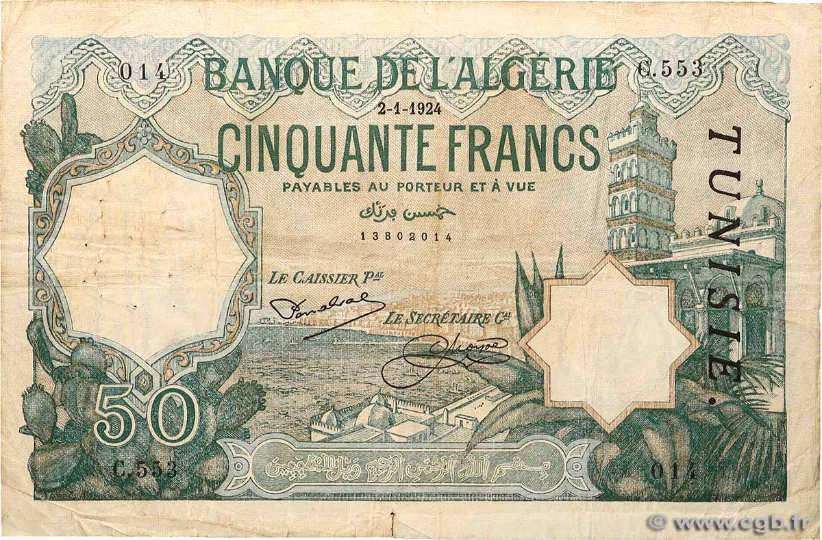 50 Francs TUNISIA  1924 P.09 F