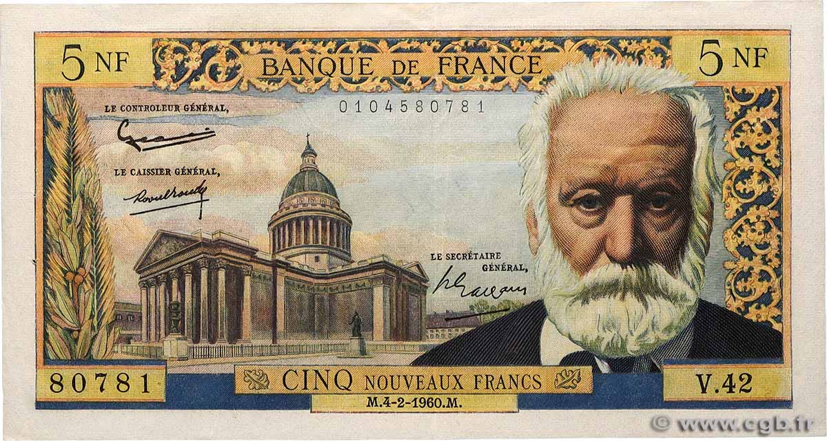 5 Nouveaux Francs VICTOR HUGO FRANCE  1960 F.56.05 VF+